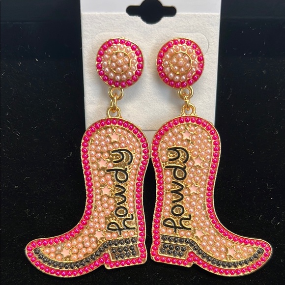 ✨Pink, Gold & Black Cowgirl “ Howdy” Boot Earrings 🩷🤠 - Picture 1 of 2